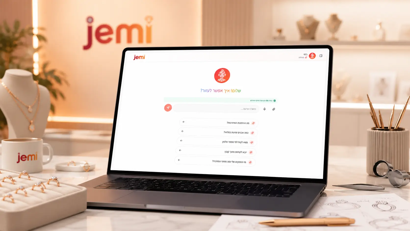 עוזרת AI ו-CRM תכשיטים במערכת JEMI לניהול חנויות תכשיטים ותכשיטנים